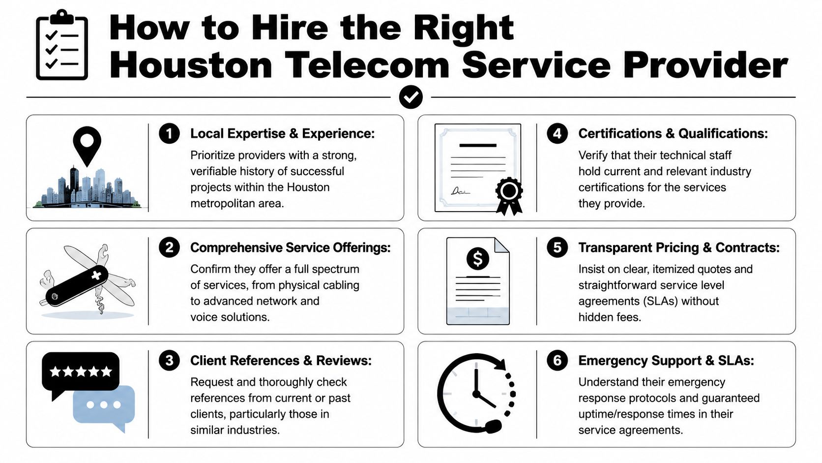 An infographic titled How to Hire the Right Houston Telecom Service Provider outlining six key selection criteria.