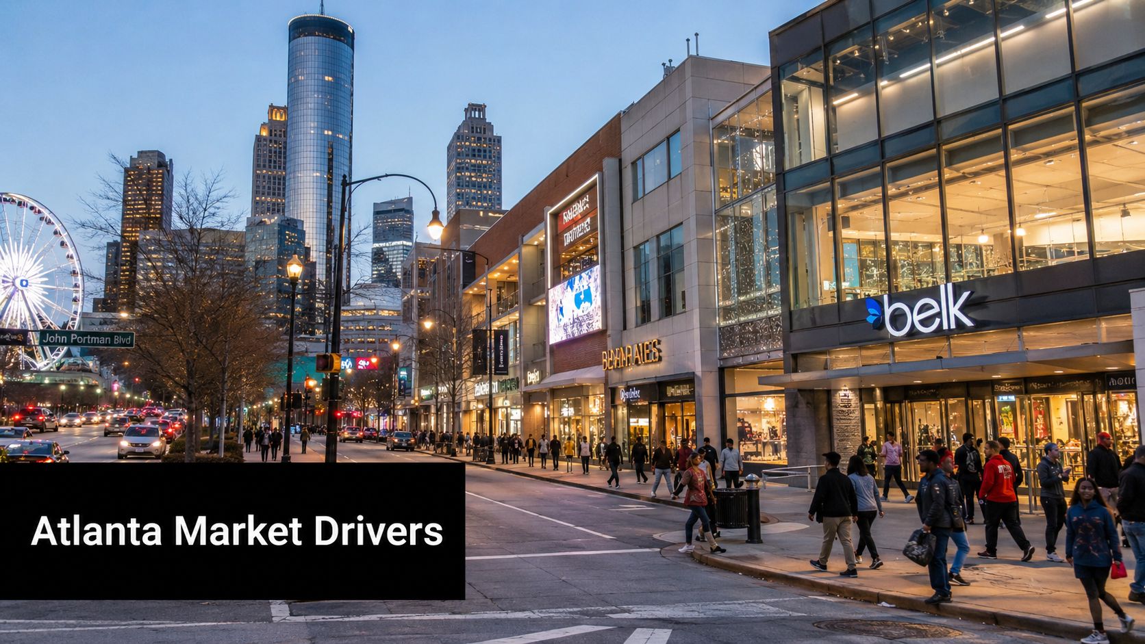 A bustling city street in Atlanta featuring a shopping center, modern skyscrapers, and pedestrians walking at dusk.