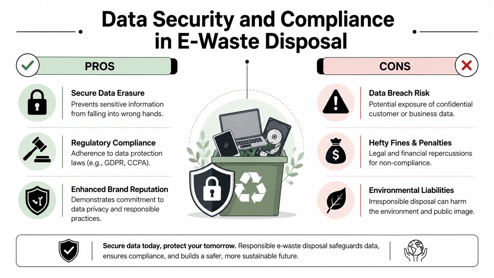 An infographic detailing the pros and cons of data security and compliance in e-waste disposal practices.