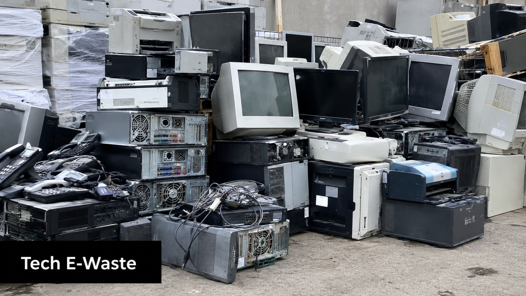 A large pile of discarded electronic equipment and computer hardware stacked outdoors as e-waste.