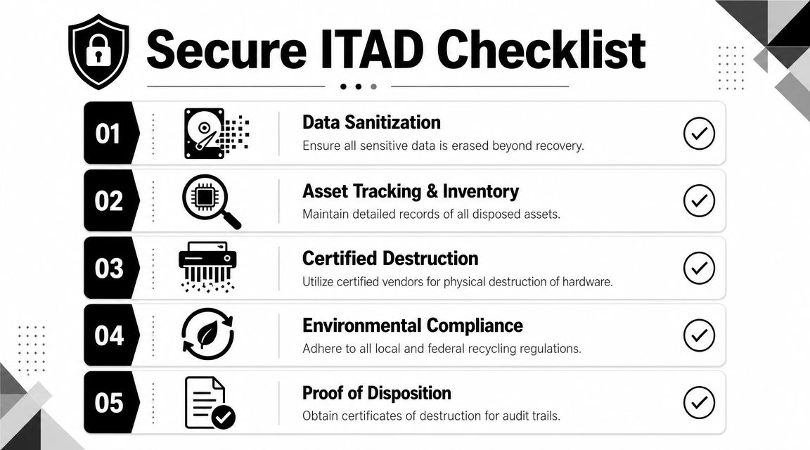 A checklist showing five essential steps for secure IT asset disposition to ensure data security and compliance.