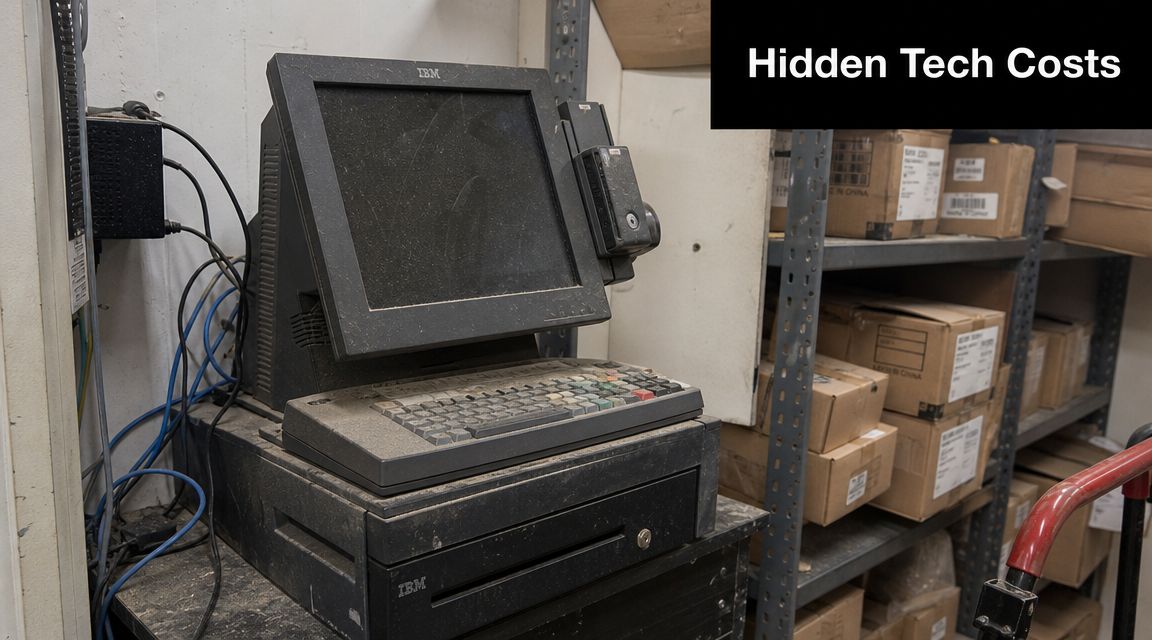 A dusty, outdated IBM point-of-sale terminal sitting on a shelf surrounded by cardboard storage boxes.