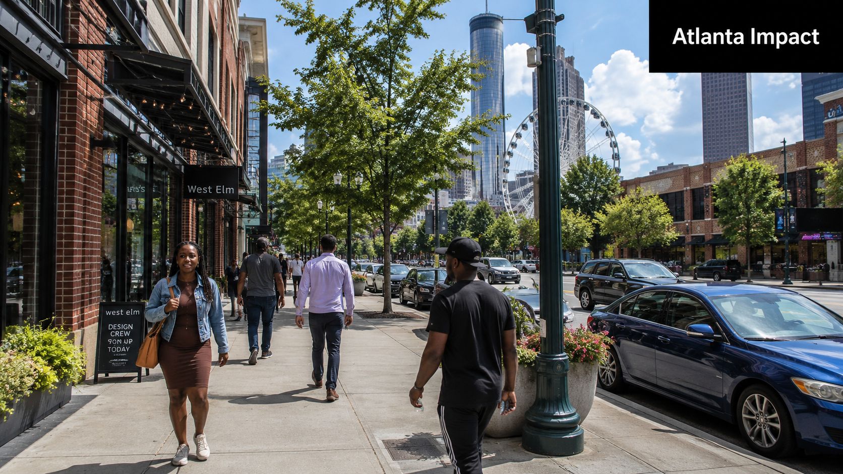 Pedestrians walk along a sunny sidewalk outside of a West Elm retail store in downtown Atlanta.
