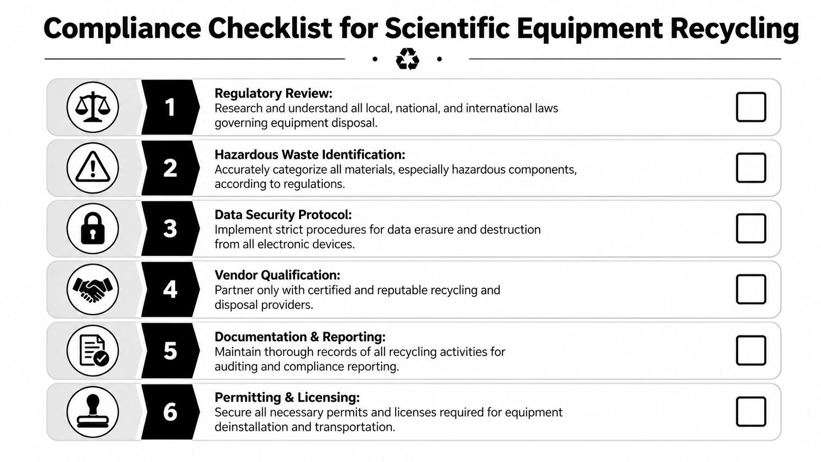 A six-step compliance checklist for the safe and regulated recycling of scientific laboratory equipment.
