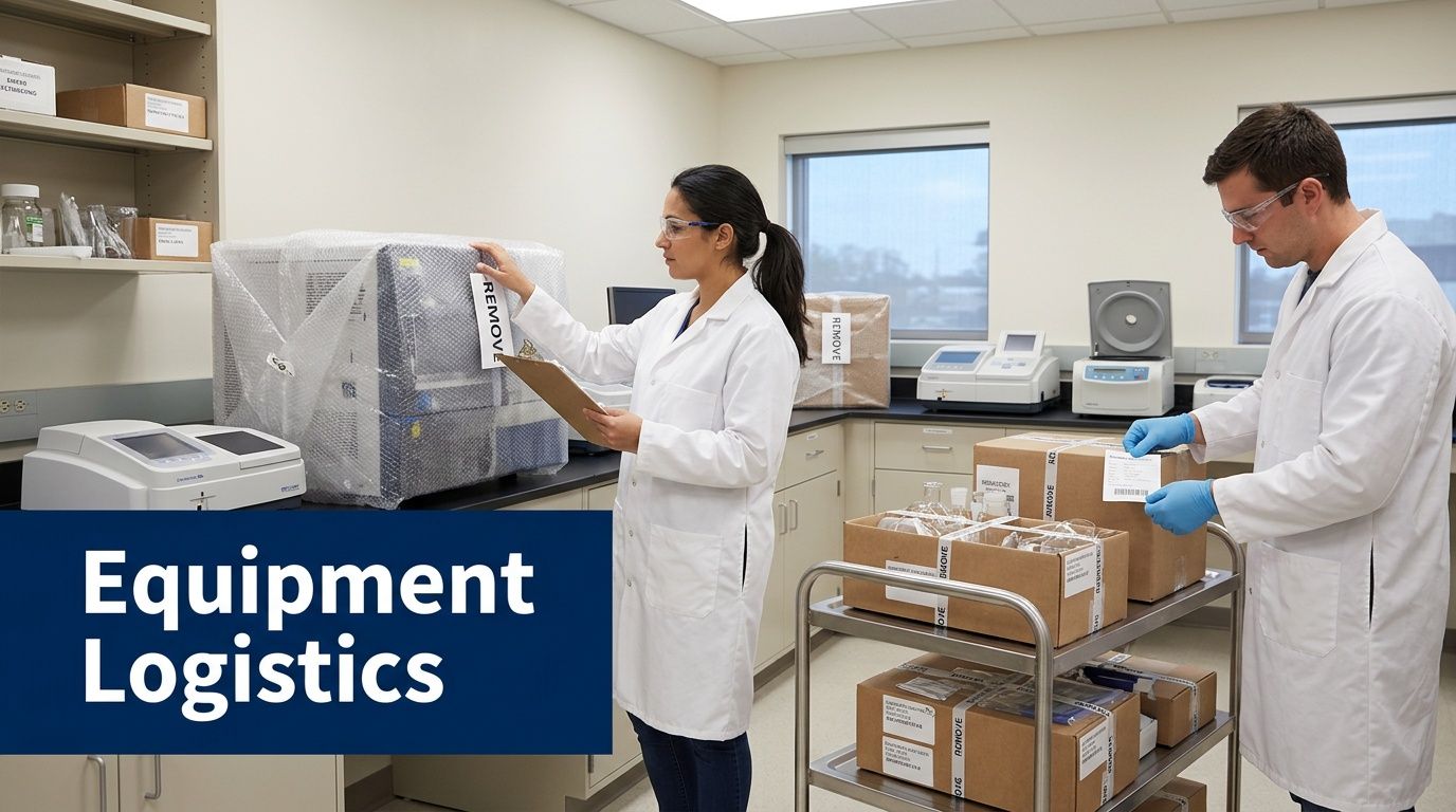 Two lab technicians in white coats manage scientific equipment boxes and bubble-wrapped hardware for relocation in a laboratory.