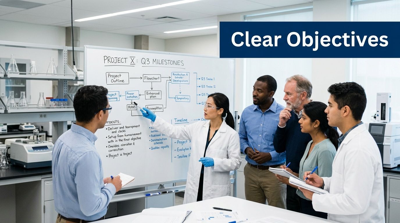 A diverse research team in a laboratory collaborating on a project plan presented on a whiteboard.