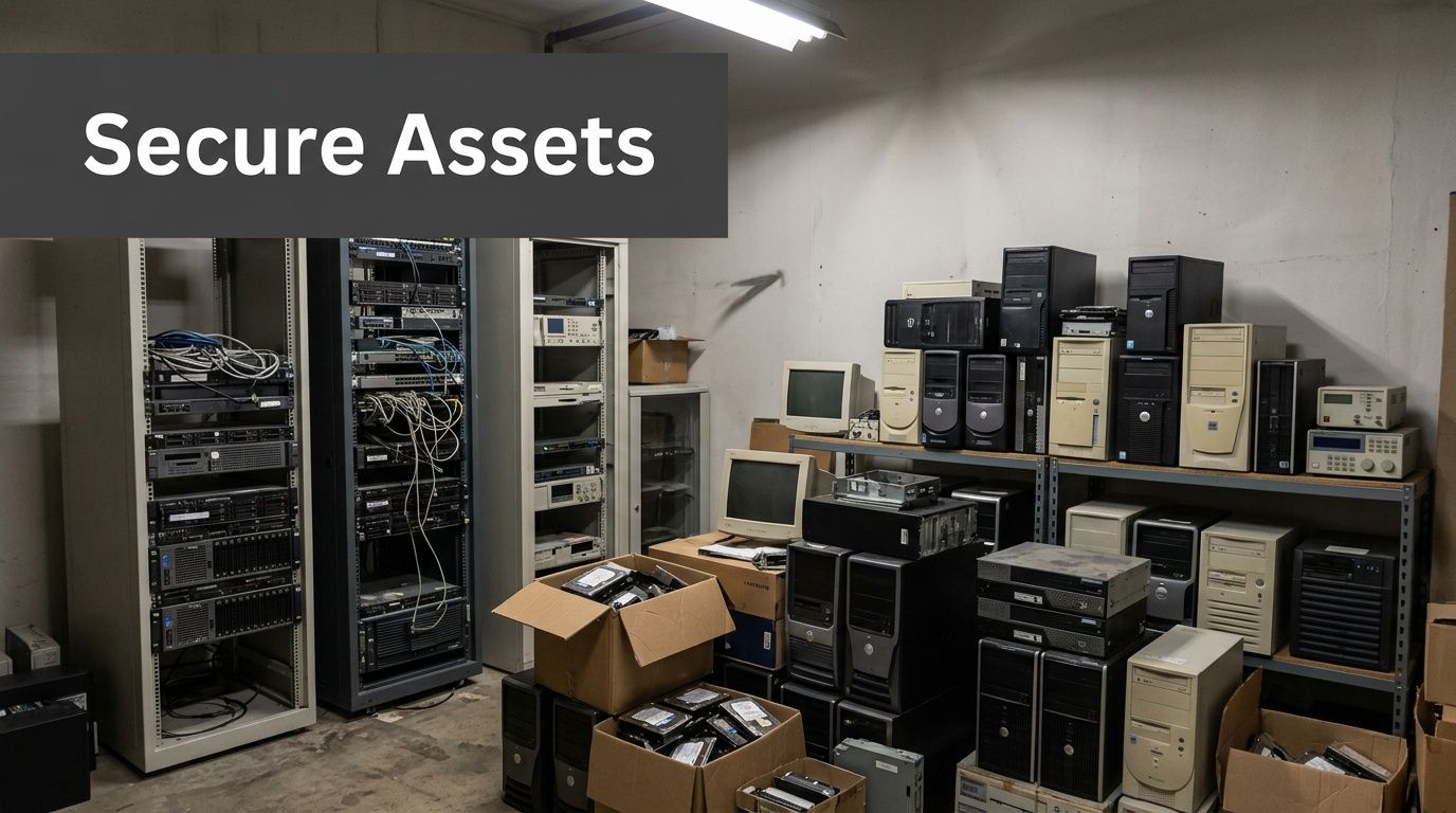 A server room filled with old computer towers, server racks, and hard drives for secure destruction.