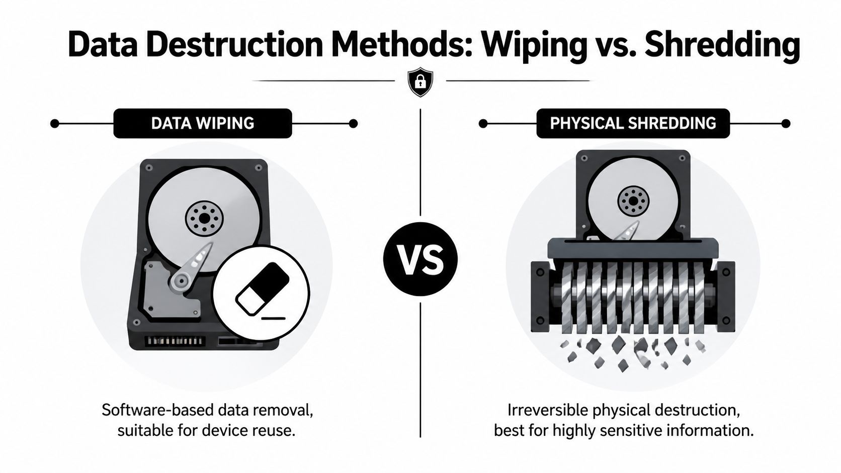 A comparison infographic between software-based data wiping and physical hard drive shredding for secure data destruction.