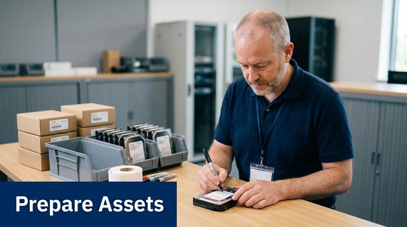 A technician labeling a hard drive in a professional office setting for asset management and data security.