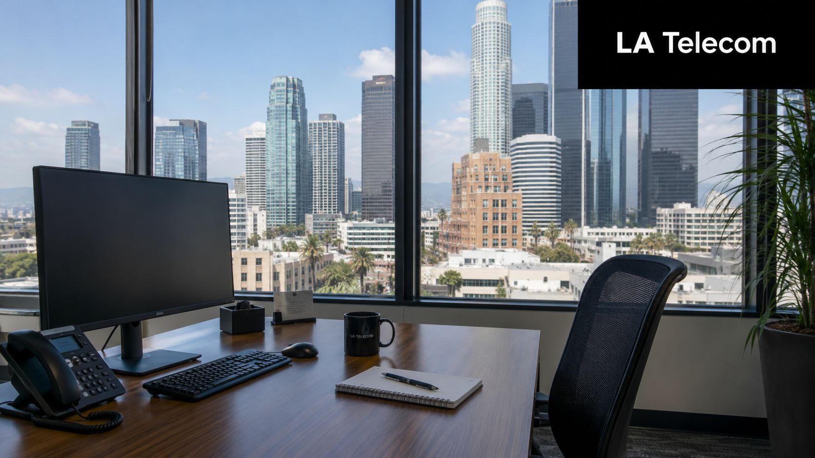 A professional office desk overlooking a high-rise Los Angeles city skyline through a large window.