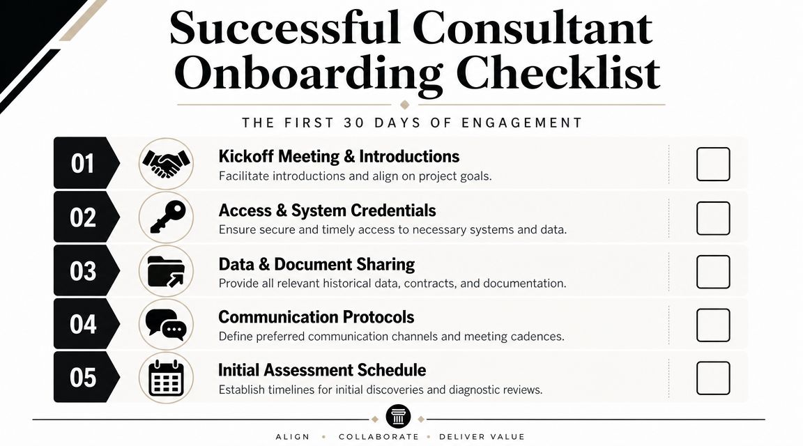 A professional checklist outlining five key onboarding steps for successful consultant engagements in the first 30 days.