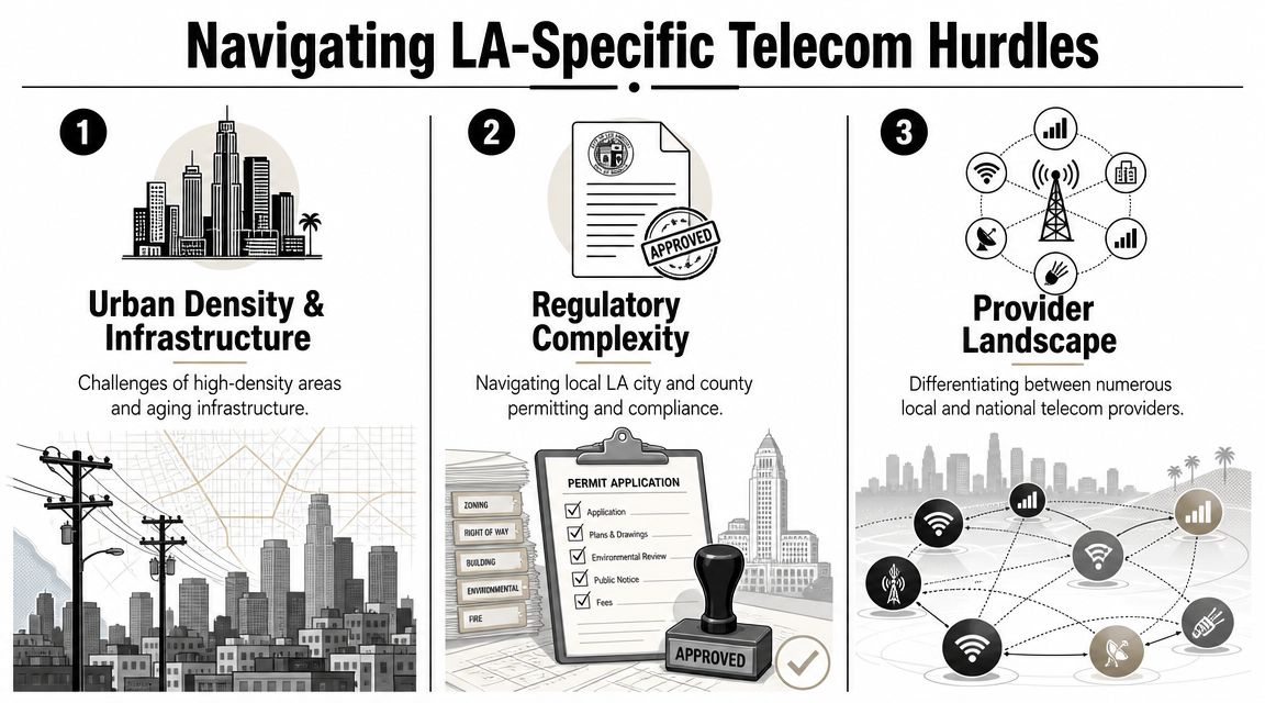 An infographic detailing the three main challenges of navigating telecommunications infrastructure and regulation in Los Angeles.