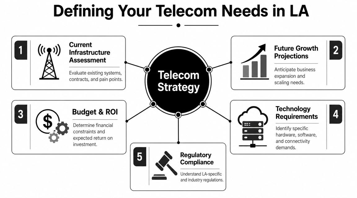 An infographic titled Defining Your Telecom Needs in LA, illustrating five key steps for business telecommunications strategy.