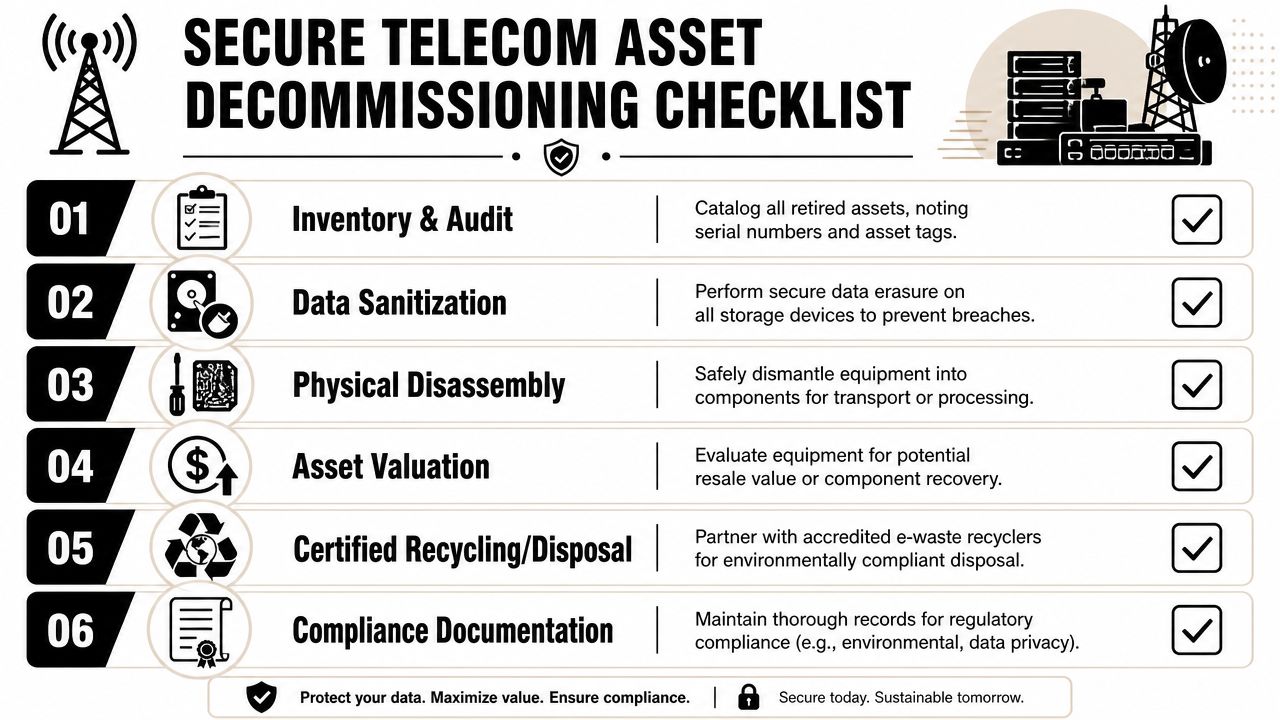 A six-step checklist for secure telecom infrastructure asset decommissioning, emphasizing data protection, compliance, and environmentally sustainable disposal practices.