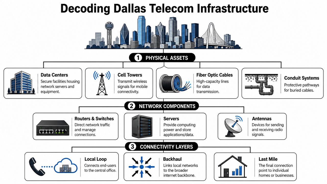A diagram illustrating the physical assets, network components, and connectivity layers of Dallas telecom infrastructure.