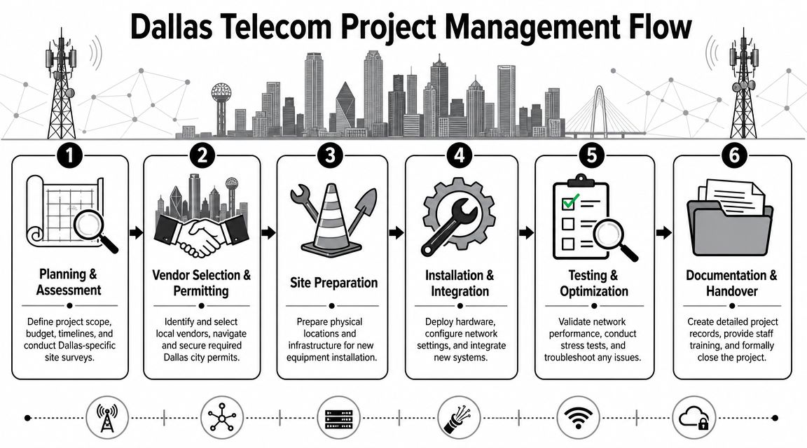 A six-step infographic illustrating the professional project management process for Dallas telecom infrastructure services.