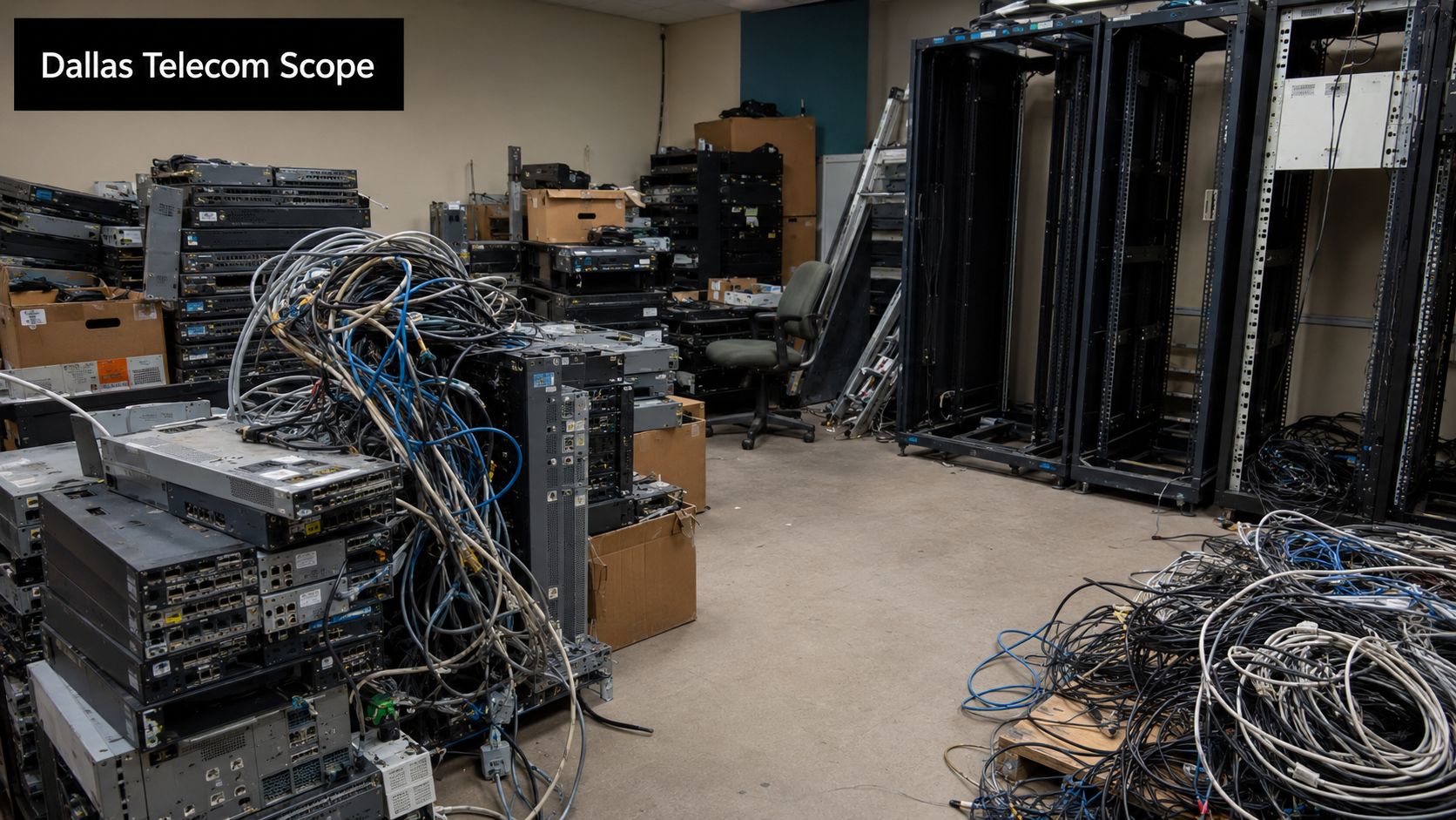 A cluttered telecommunications equipment storage room featuring various server racks, networking hardware, and tangled heaps of cables.