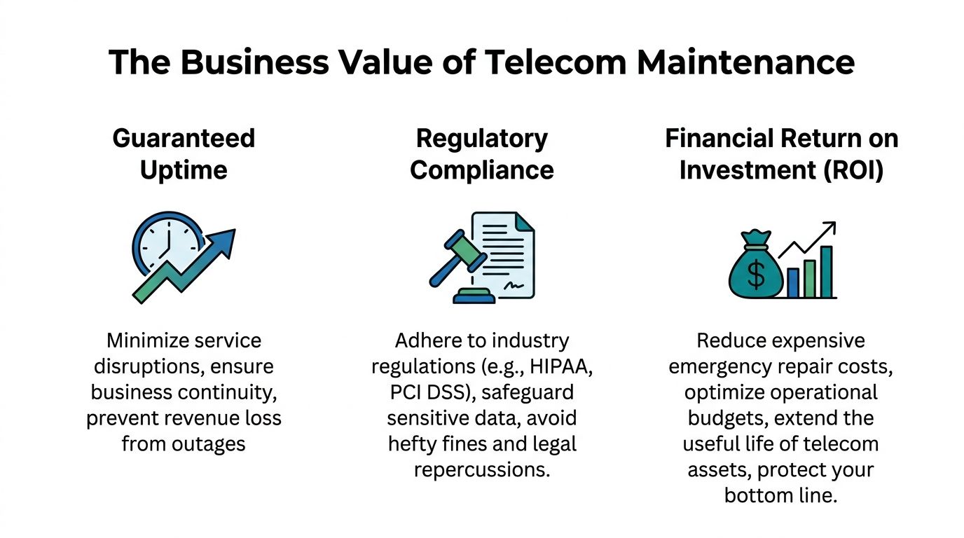 An infographic detailing the business value of telecom maintenance, including uptime, compliance, and financial return on investment.
