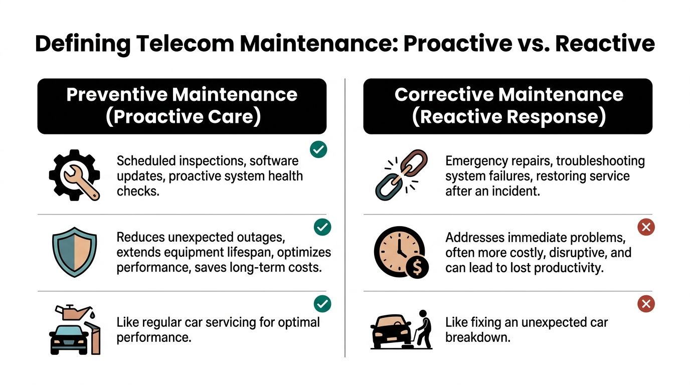 A comparison chart explaining the differences between proactive preventive maintenance and reactive corrective maintenance in the telecom industry.