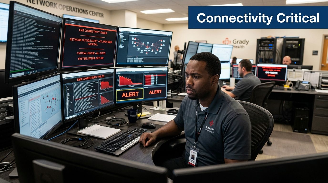 An IT professional monitoring network systems during a critical hospital connectivity outage in a network operations center.