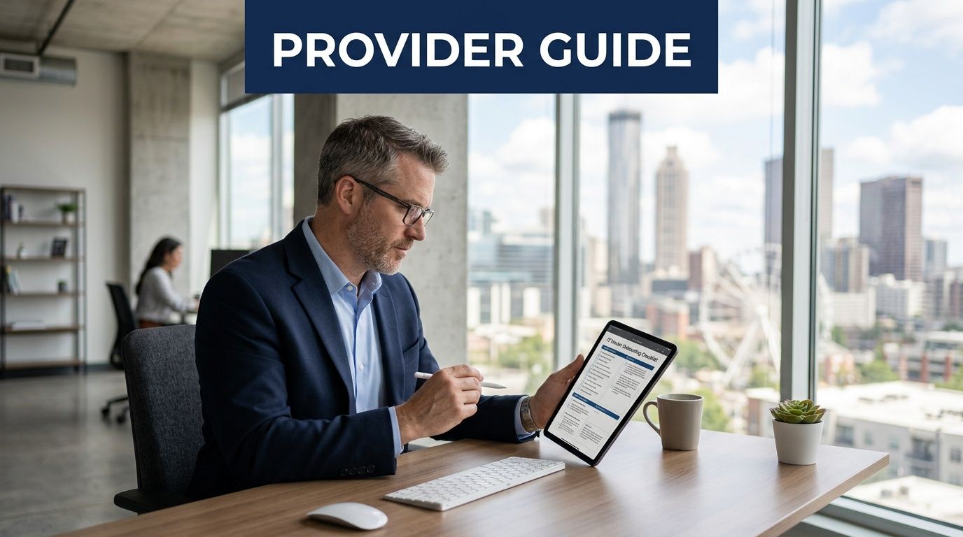 A professional man reviewing a digital provider guide on a tablet at a modern office desk.