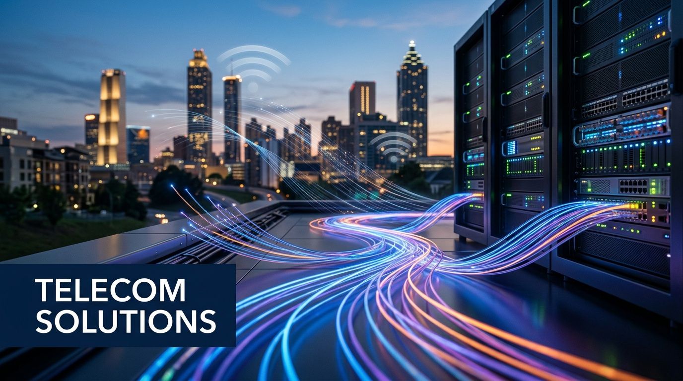 Fiber optic cables connecting server racks to a high-rise city skyline representing advanced telecom maintenance services Atlanta.