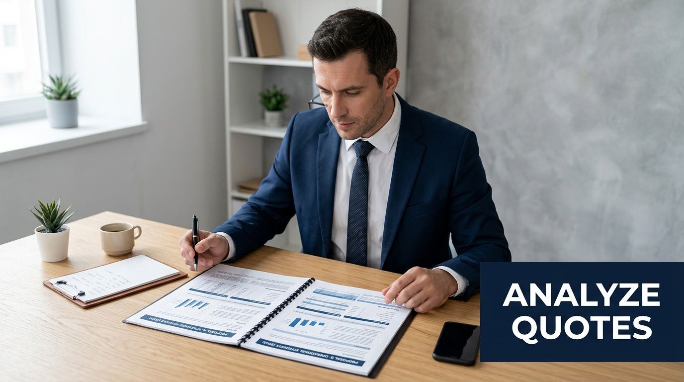 A professional man in a business suit reviewing financial reports and documents at his office desk.