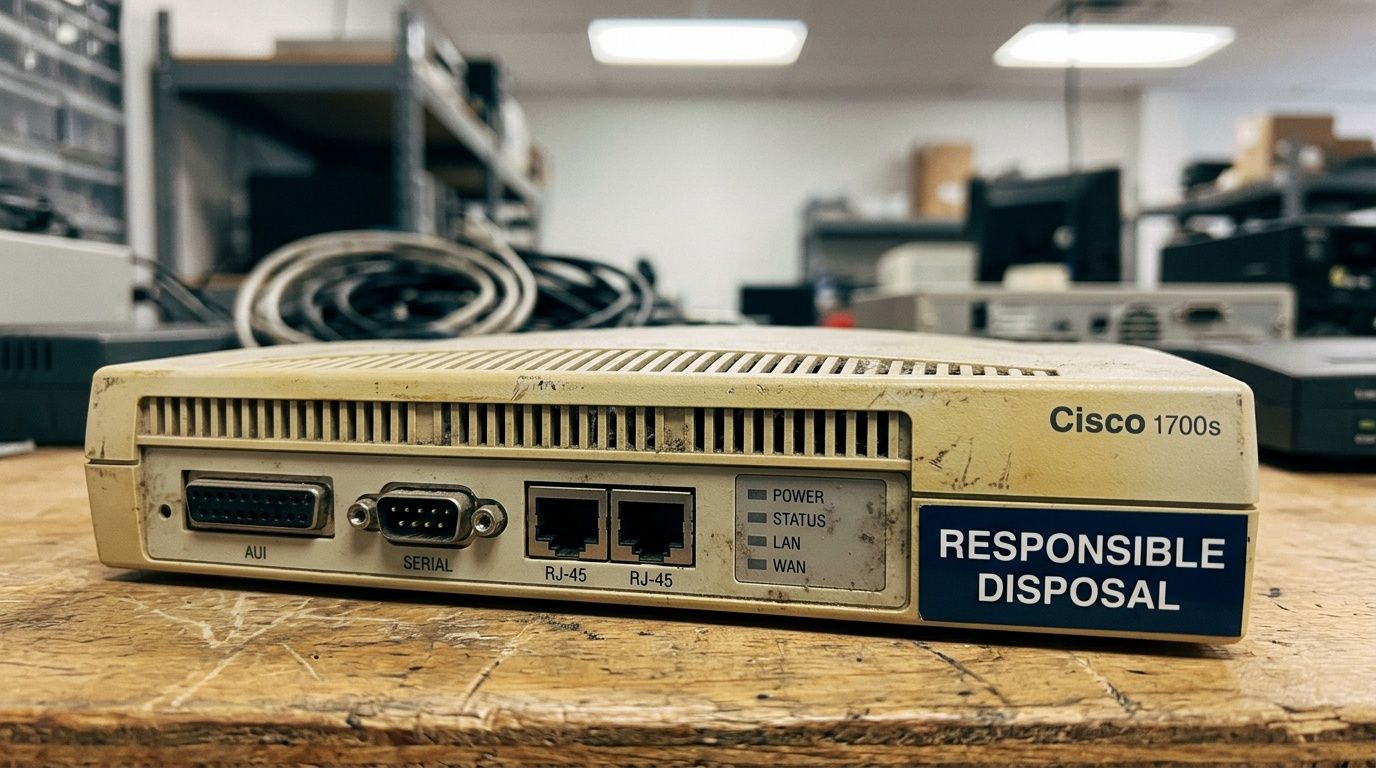 A dusty vintage Cisco 1700s networking router sitting on a wooden workshop table for electronics repair services.