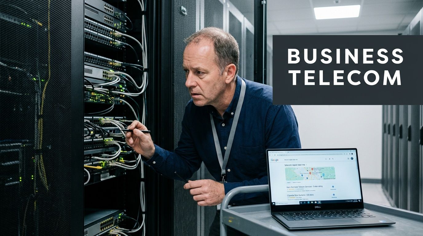 A professional technician inspecting server hardware while searching for telecom repair services on his laptop computer.