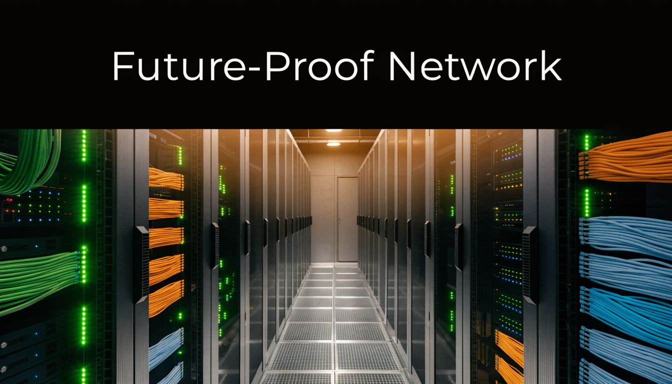 A brightly lit server room aisle featuring rows of server racks with colorful networking cables and lights.