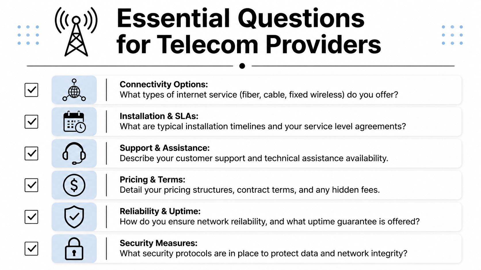 A checklist infographic listing essential questions for business leaders to ask prospective telecommunications service providers.