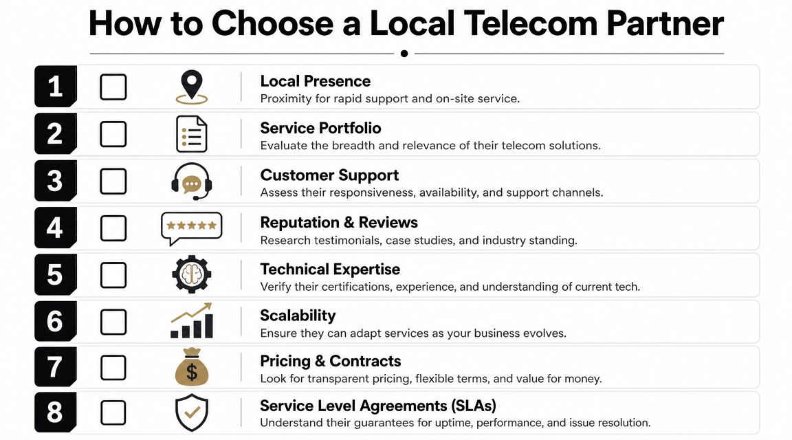 A checklist infographic illustrating eight key factors for choosing a reliable local telecommunications partner for your business.