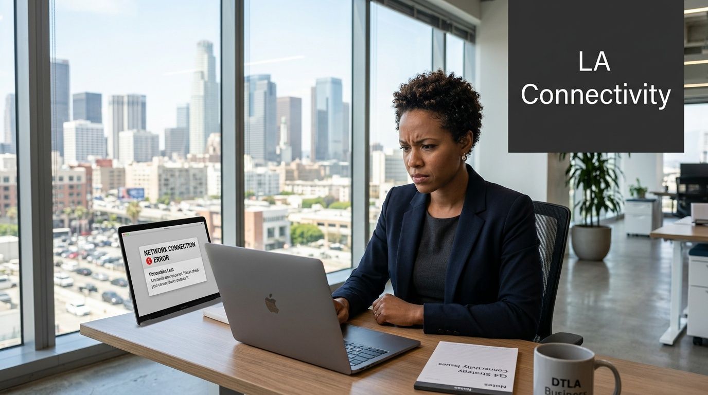 A businesswoman in a Los Angeles office looking frustrated at her laptop due to connection errors.
