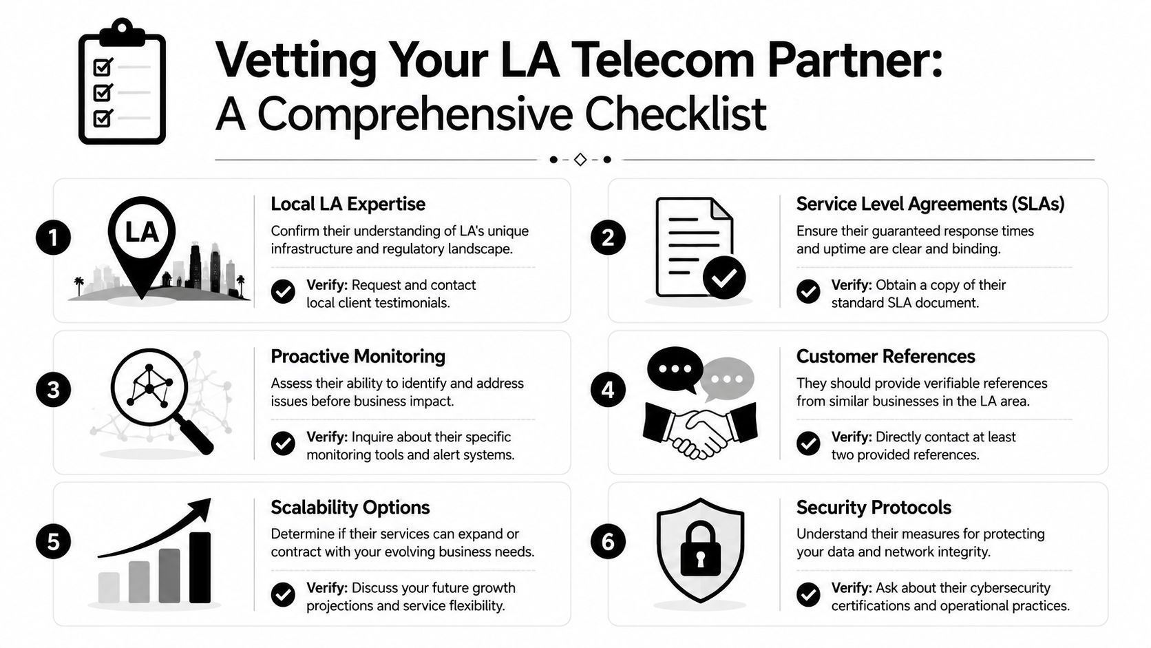A comprehensive checklist infographic for evaluating potential telecom partners in the Los Angeles area.