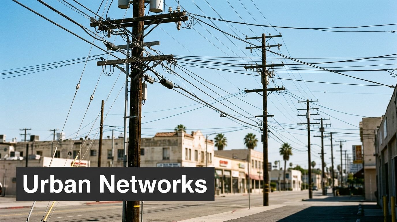 A street view in Los Angeles featuring wooden utility poles with intricate overhead power and communication lines.