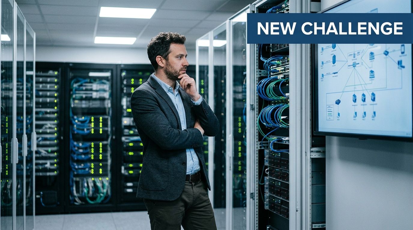 A professional IT engineer analyzing network infrastructure diagrams on a monitor in a server room.