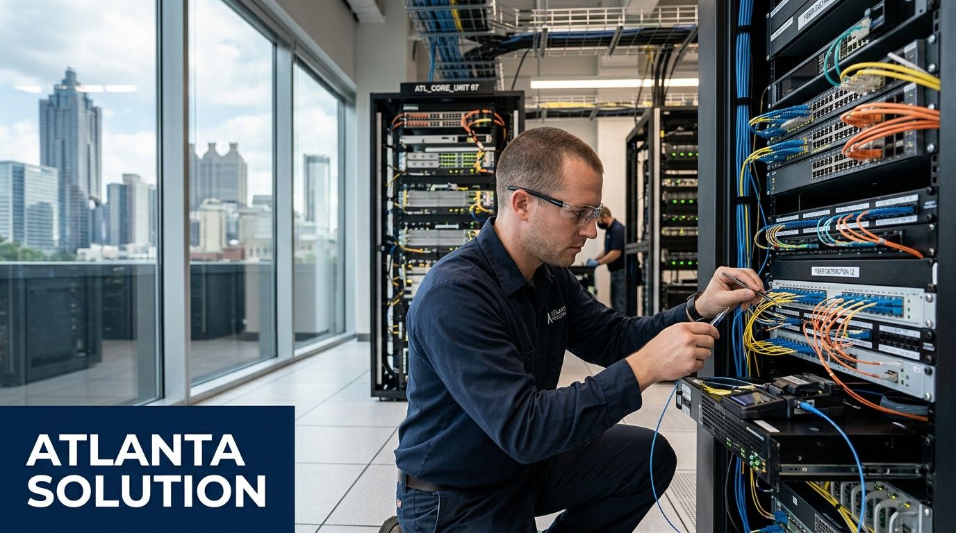 A professional technician working on a network server rack in an office with an Atlanta skyline view.