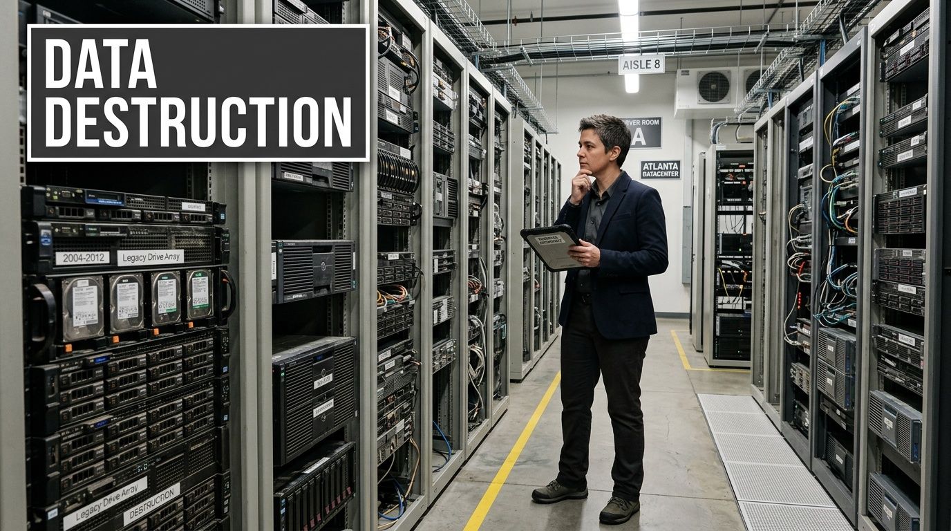 A professional IT technician inspecting server racks in a modern data center while holding a digital tablet.