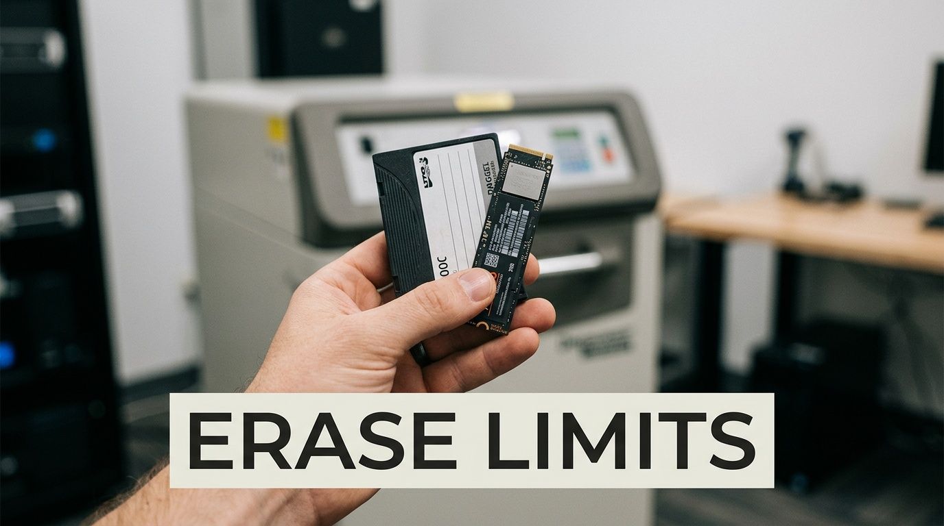 A person holding an LTO tape and an M.2 SSD in front of an industrial degausser machine.