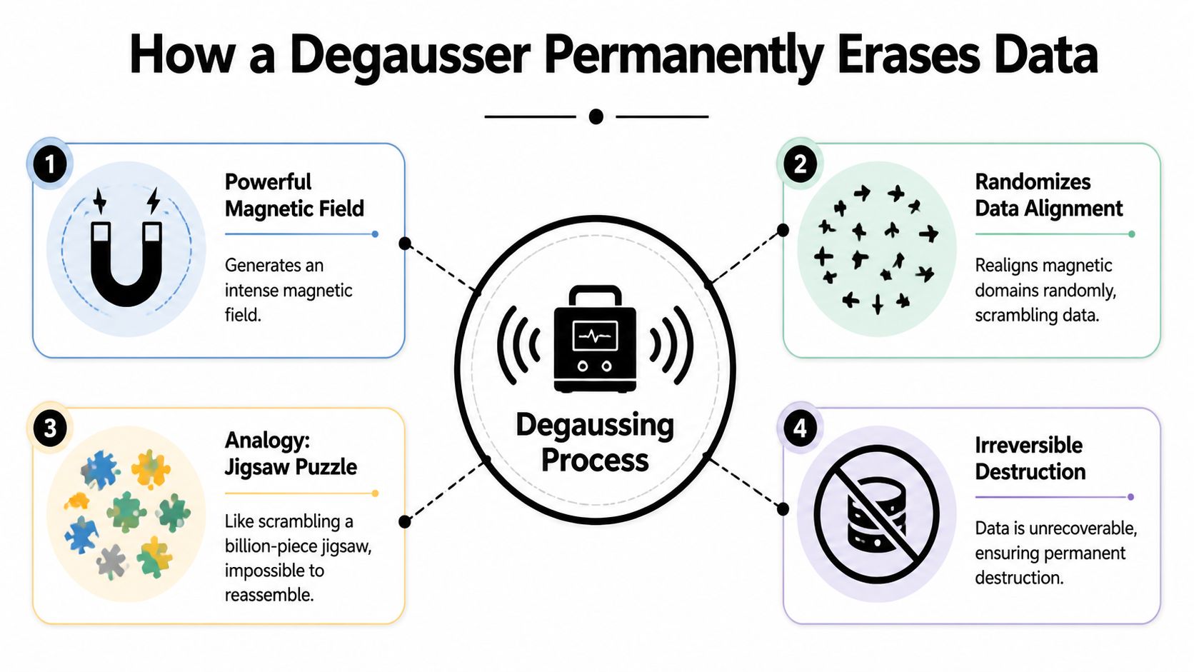 An infographic showing the four steps of how a degausser machine permanently erases data from magnetic media.