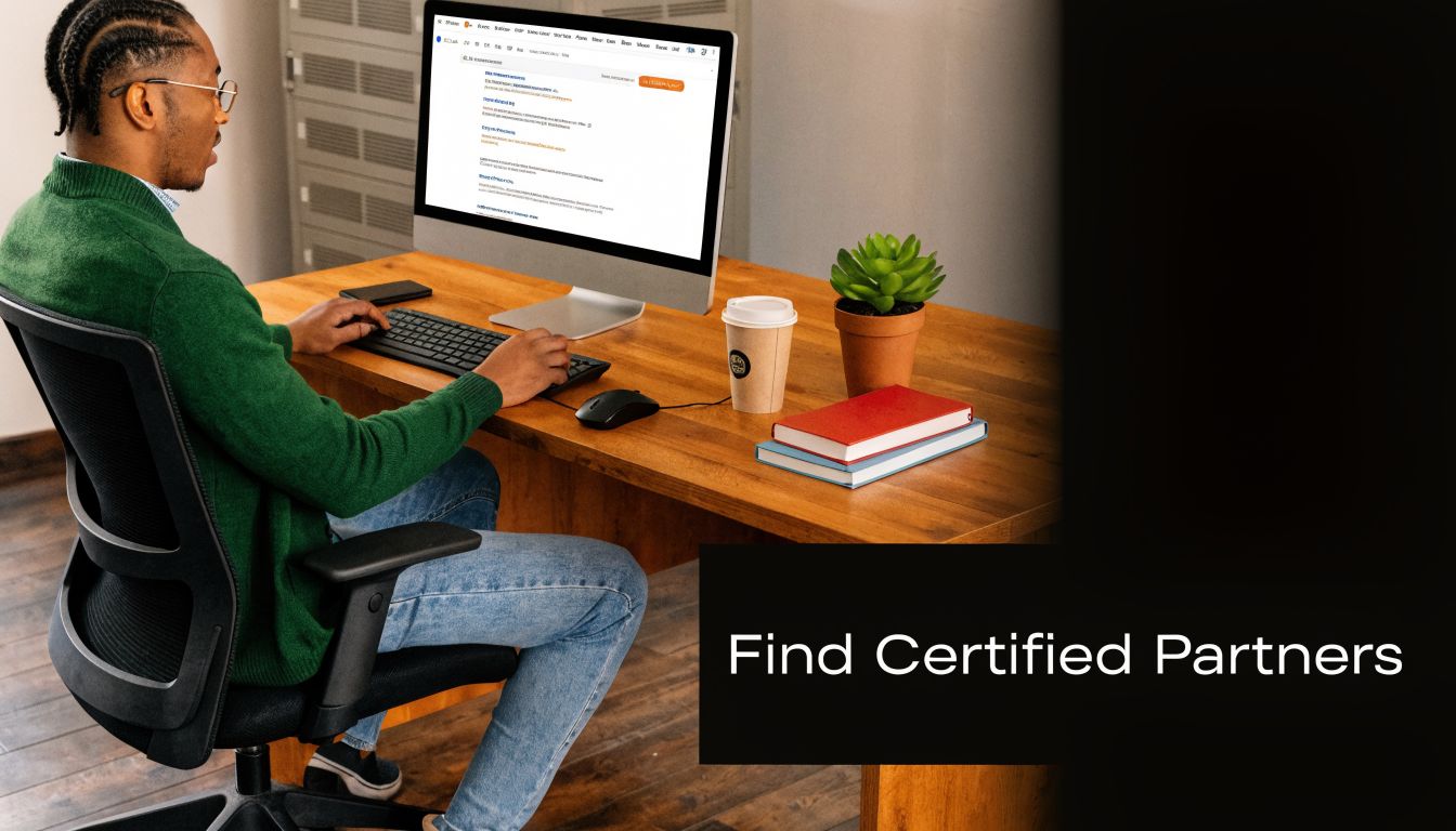 A person sitting at a wooden desk working on a computer to find certified partners.