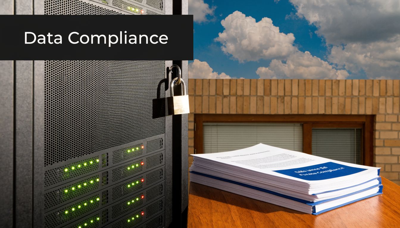 A server rack with a padlock and a stack of compliance documents on a wooden surface.