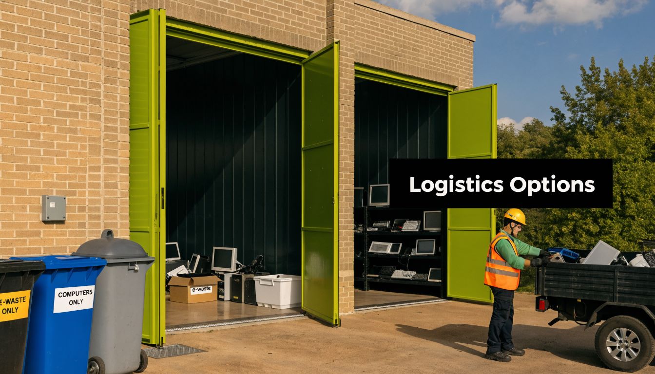An e-waste recycling facility worker unloading discarded computer equipment from a truck at a warehouse.