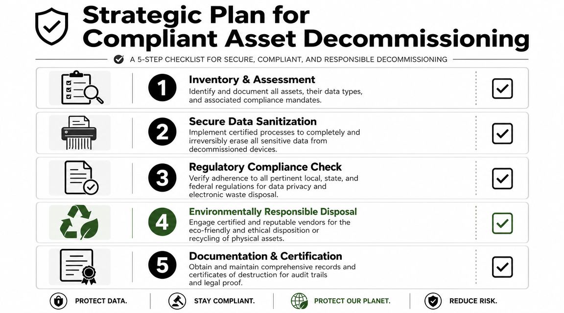 A five-step checklist illustrating a strategic plan for secure, compliant, and environmentally responsible asset decommissioning.
