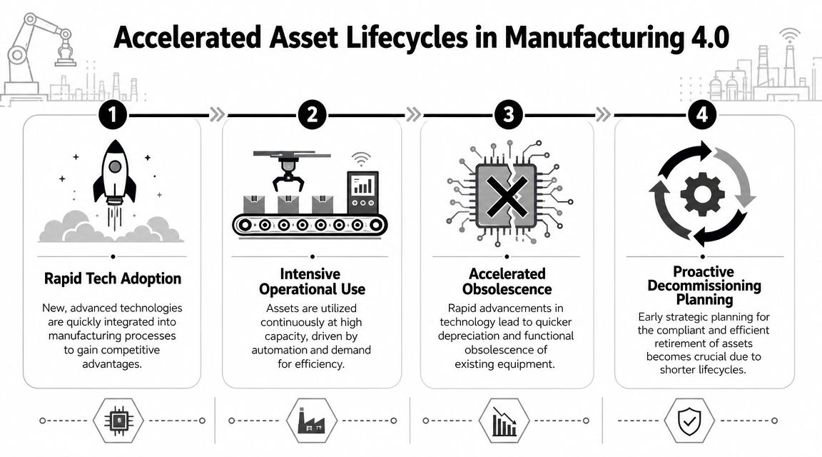 A four-step infographic illustrating the accelerated asset lifecycles in the context of Industry 4.0 and manufacturing.