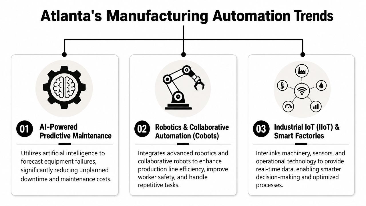 A diagram outlining three key manufacturing automation trends in Atlanta, including predictive maintenance, robotics, and IIoT.