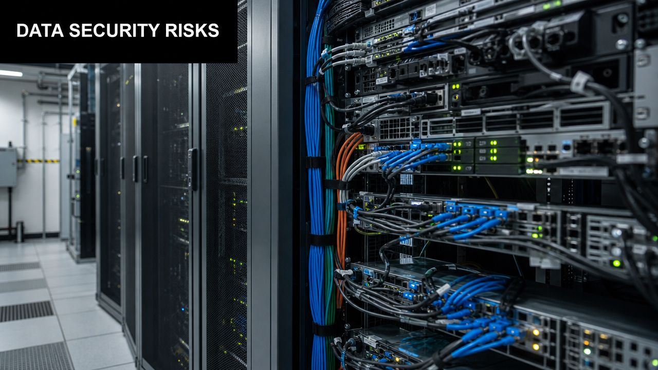 A rack of networked server hardware inside a modern professional manufacturing data center with blue cables.