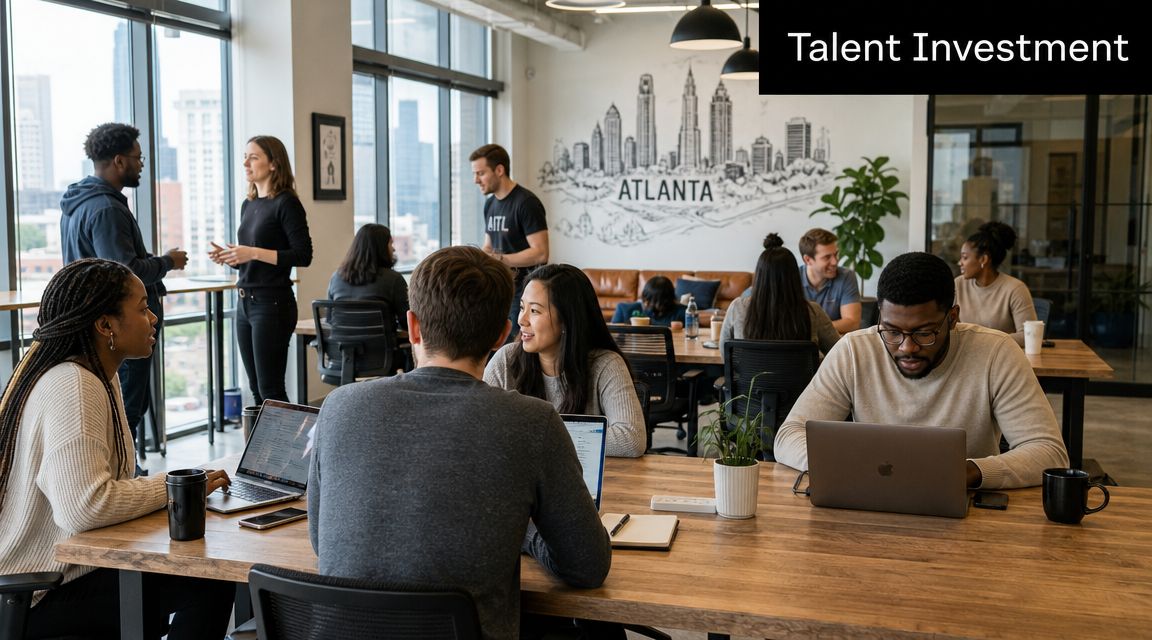 A diverse group of professionals collaborating and working on laptops in a modern Atlanta office space.