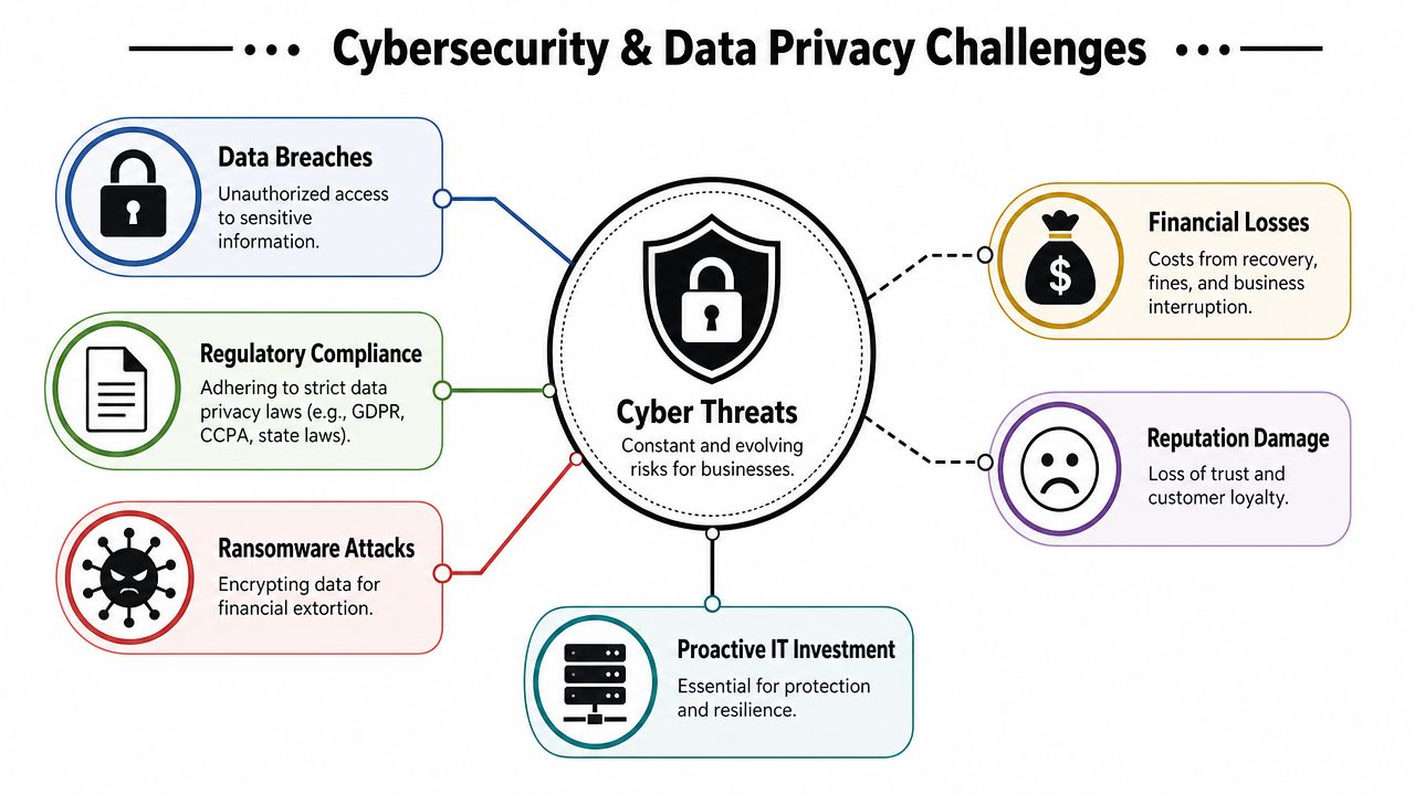 A diagram illustrating major cybersecurity and data privacy challenges including threats, financial losses, and necessary IT investments.
