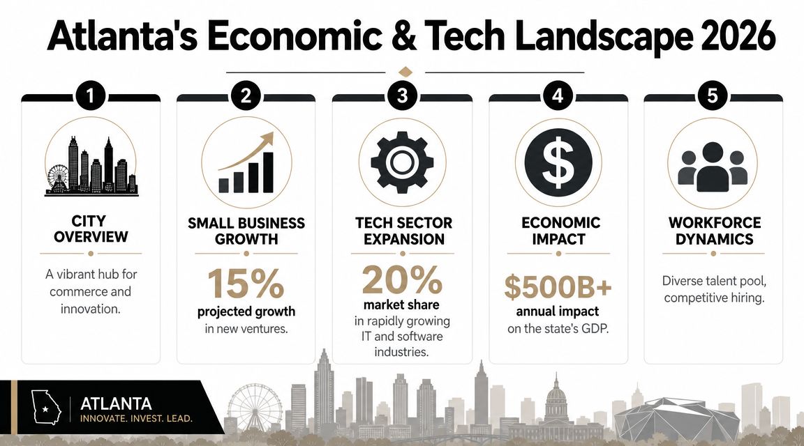 An infographic titled Atlanta's Economic & Tech Landscape 2026 highlighting growth, expansion, and impact statistics.